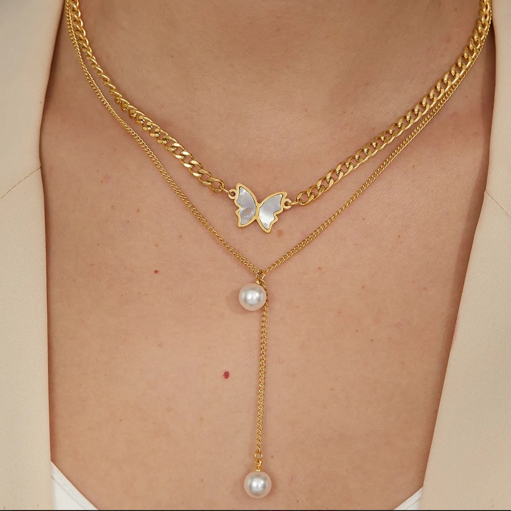 Butterfly Double Layered Pendant Necklace, 18K Gold Plated Layered Necklace